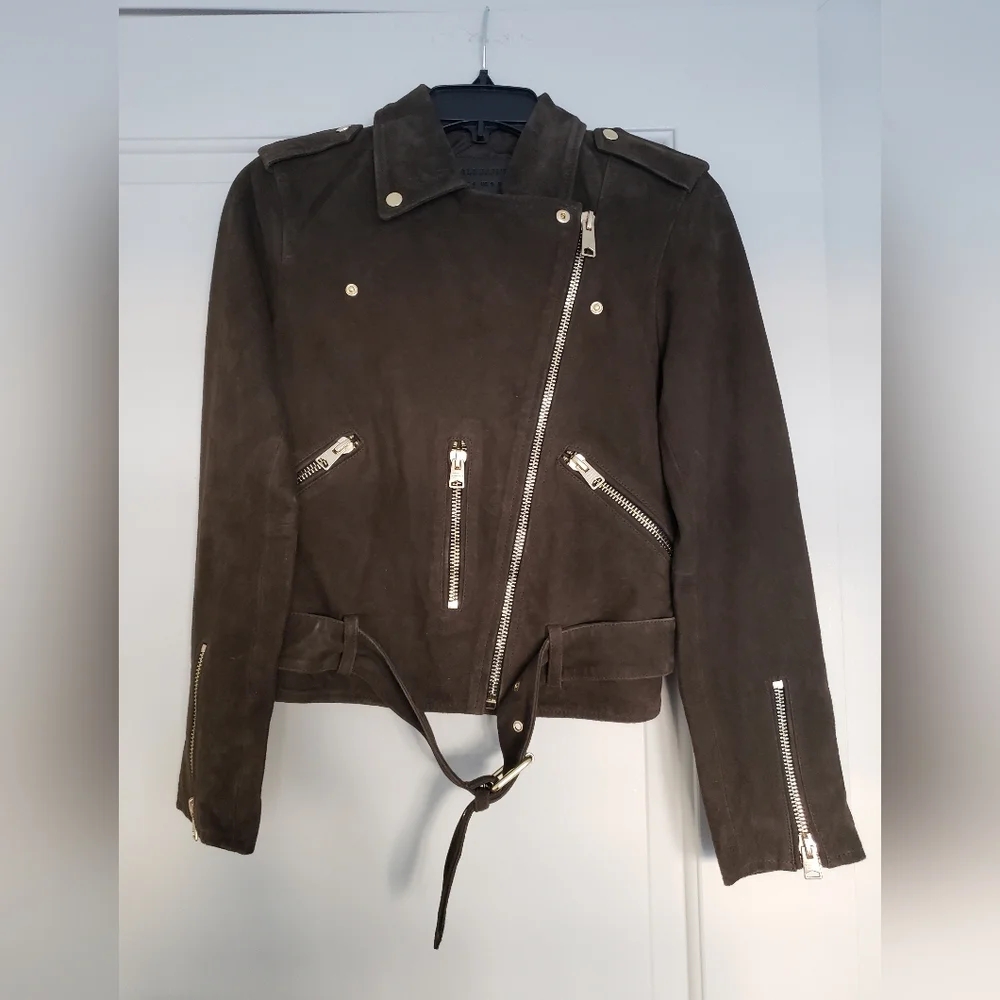 Allsaints suede balfern biker jacket in dark green womens size 2 - Picture 2 of 16